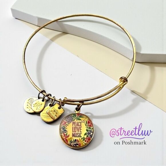 Alex & Ani Peace Love Music Charm Bangle Gold EUC - Picture 1 of 10